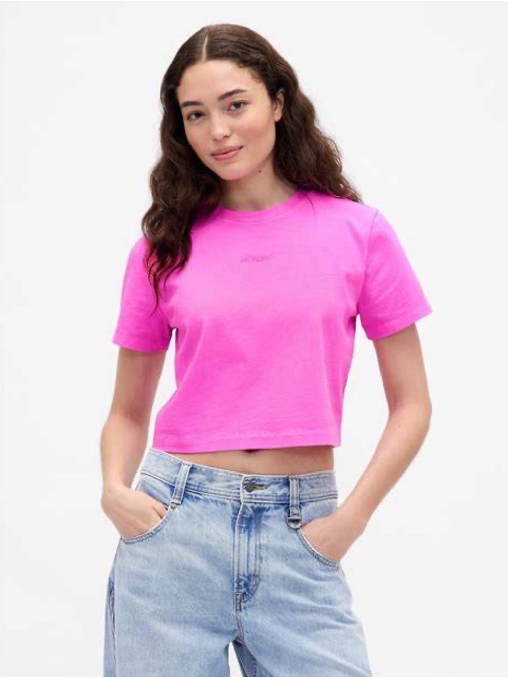 💗 GAP x BEIS Bright Pink ‘Jet Lagged’ Short Sleeve 100% Cotton Cropped Crew Tee